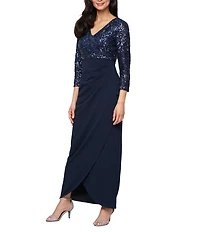 Ignite Evenings Stretch Sequin V-Neck 3/4 Sleeve Scuba Crepe Cascade Empire Waist Gown