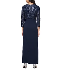 Ignite Evenings Stretch Sequin V-Neck 3/4 Sleeve Scuba Crepe Cascade Empire Waist Gown