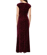 Ignite Evenings Stretch Velvet Scoop Neck Cap Sleeve Burnout Gown
