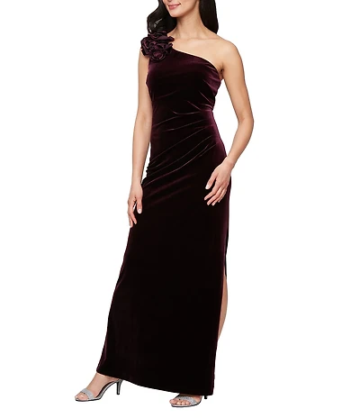 Ignite Evenings Stretch Velvet Sleeveless Ruffle One Shoulder Gown