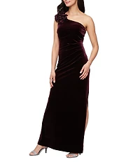 Ignite Evenings Stretch Velvet Sleeveless Ruffle One Shoulder Gown