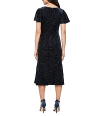 Ignite Evenings Stretch Velvet Square Neck Flutter Sleeves Soutache Midi Dress