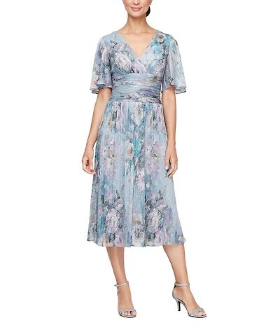 Ignite Evenings Surplice Neck Elbow Flutter Sleeve Ruched Waist Shimer Floral Print A Line Midi Dress