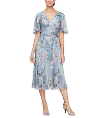 Ignite Evenings Surplice Neck Elbow Flutter Sleeve Ruched Waist Shimer Floral Print A Line Midi Dress