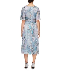 Ignite Evenings Surplice Neck Elbow Flutter Sleeve Ruched Waist Shimer Floral Print A Line Midi Dress