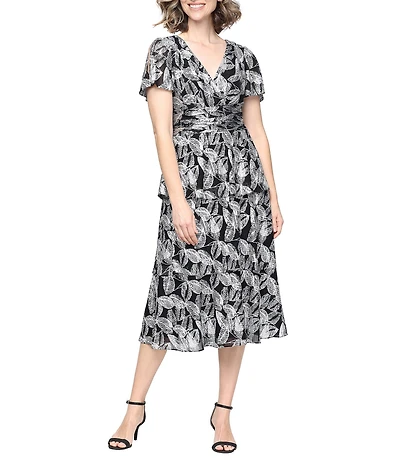 Ignite Evenings Surplice Neck Flutter Sleeve Tiered Skirt Foil Bodre Dress