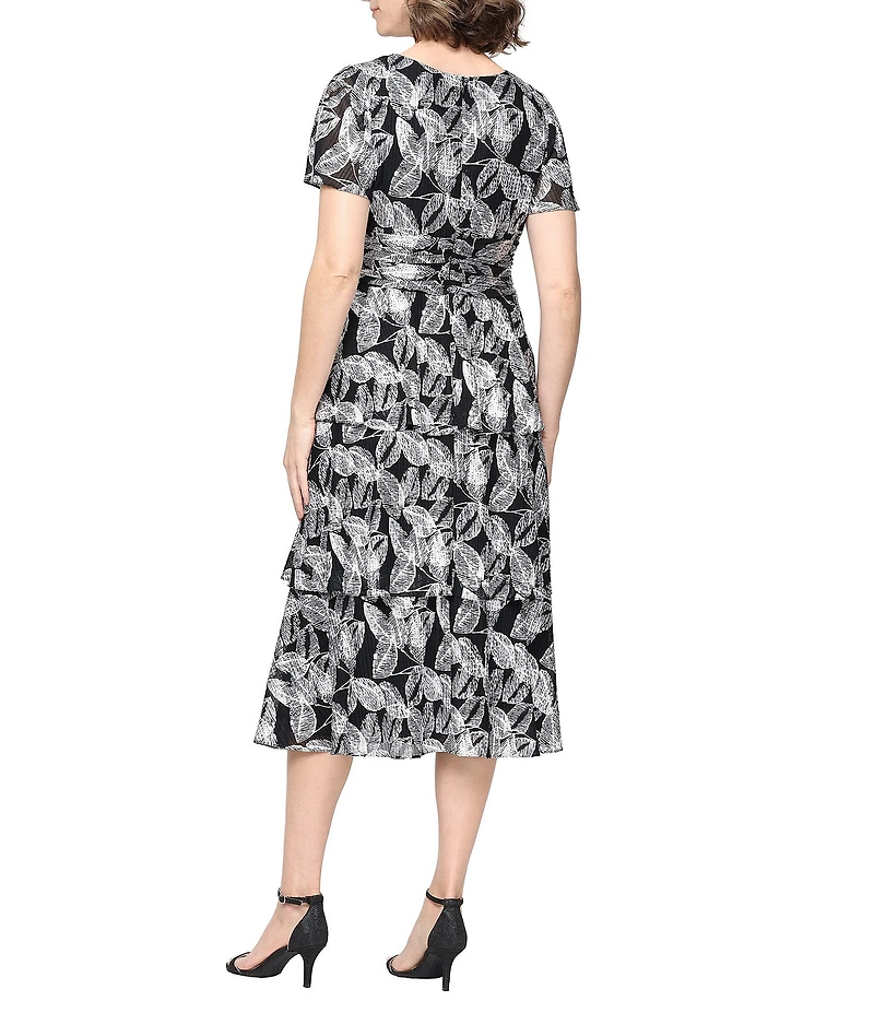 Ignite Evenings Surplice Neck Flutter Sleeve Tiered Skirt Foil Bodre Dress