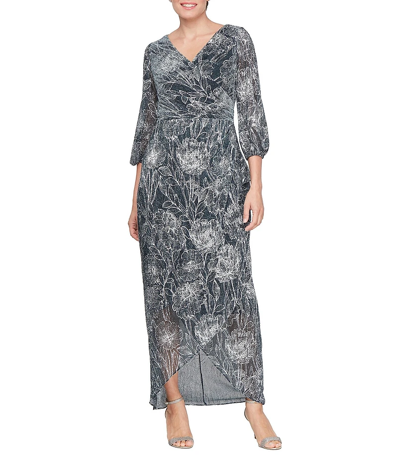 Ignite Evenings Surplice Neck Long Bubble Sleeve Cascade Overlay Skirt Floral Foil Printed Sheath Gown