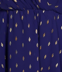 Ignite Evenings Surplice Neck Long Bubble Sleeve Tiered Skirt Gold Foil Dot Midi Dress