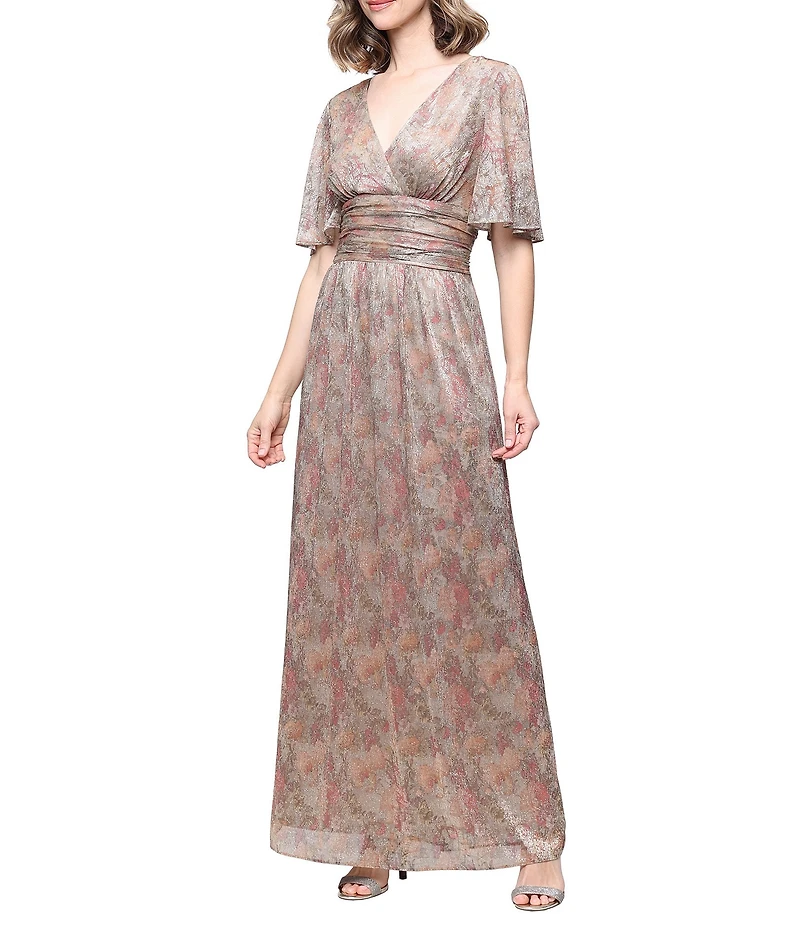 Ignite Evenings Surplice Neck Ruched Waist Flutter Sleeve Printed Long Bodre Dress