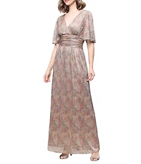 Ignite Evenings Surplice Neck Ruched Waist Flutter Sleeve Printed Long Bodre Dress