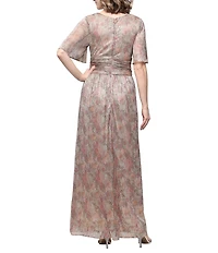 Ignite Evenings Surplice Neck Ruched Waist Flutter Sleeve Printed Long Bodre Dress