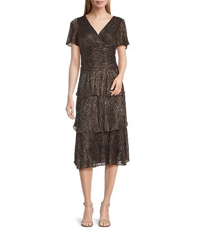 Ignite Evenings Surplice Neck Short Sleeve Tiered Metallic Bodre Midi Dress
