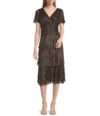 Ignite Evenings Surplice Neck Short Sleeve Tiered Metallic Bodre Midi Dress