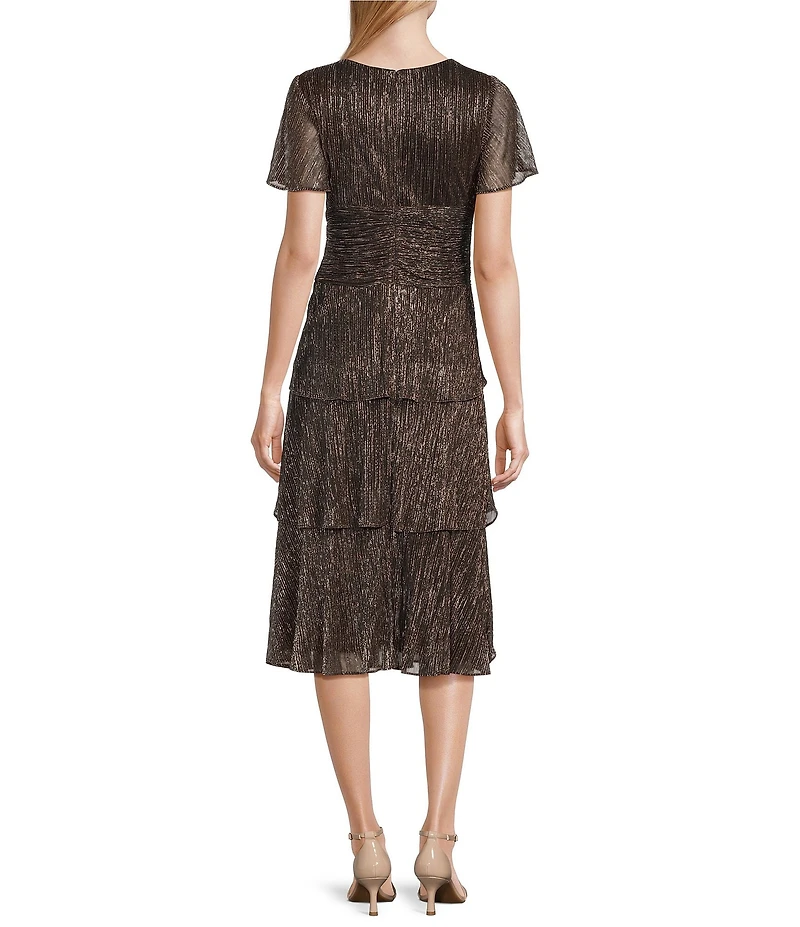 Ignite Evenings Surplice Neck Short Sleeve Tiered Metallic Bodre Midi Dress