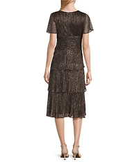 Ignite Evenings Surplice Neck Short Sleeve Tiered Metallic Bodre Midi Dress