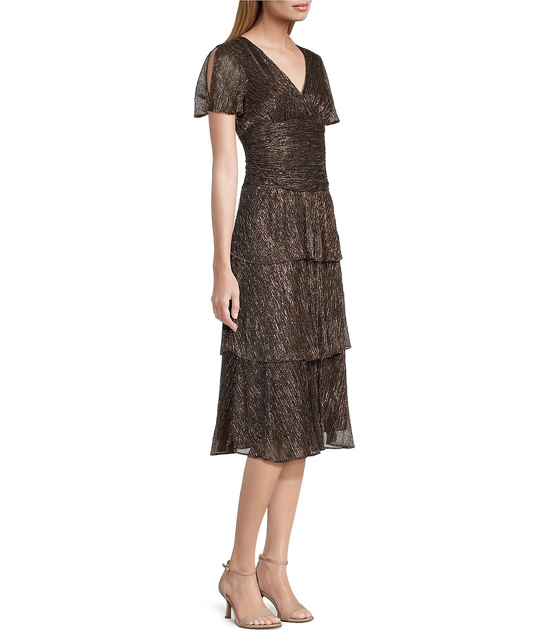 Ignite Evenings Surplice Neck Short Sleeve Tiered Metallic Bodre Midi Dress