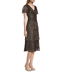 Ignite Evenings Surplice Neck Short Sleeve Tiered Metallic Bodre Midi Dress