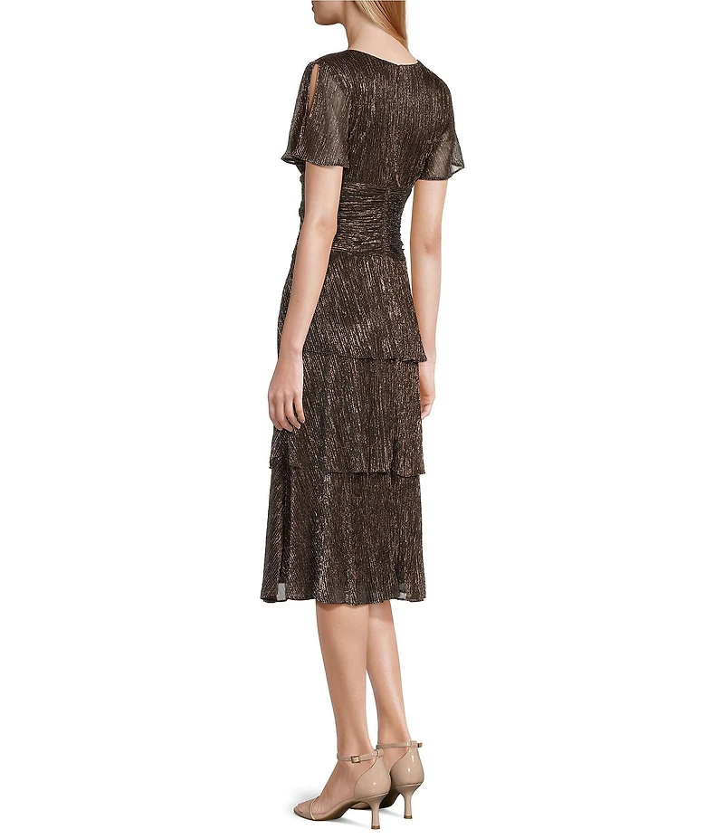 Ignite Evenings Surplice Neck Short Sleeve Tiered Metallic Bodre Midi Dress