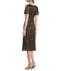 Ignite Evenings Surplice Neck Short Sleeve Tiered Metallic Bodre Midi Dress