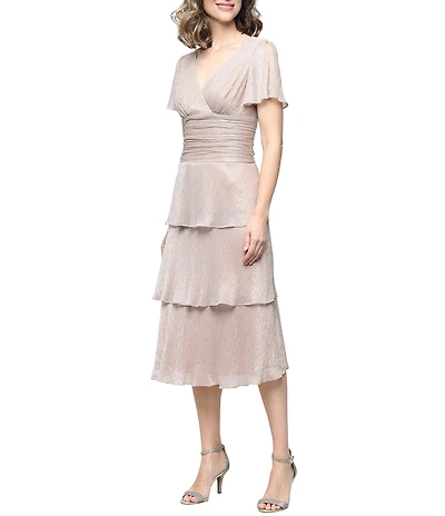 Ignite Evenings Surplice Neck Short Sleeve Tiered Metallic Bodre Midi Dress