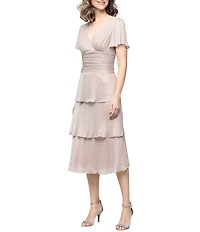 Ignite Evenings Surplice Neck Short Sleeve Tiered Metallic Bodre Midi Dress