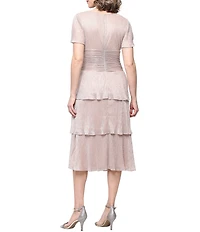Ignite Evenings Surplice Neck Short Sleeve Tiered Metallic Bodre Midi Dress