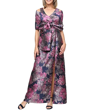 Ignite Evenings Surplice Neck Sleeveless Jacquard Long Dress