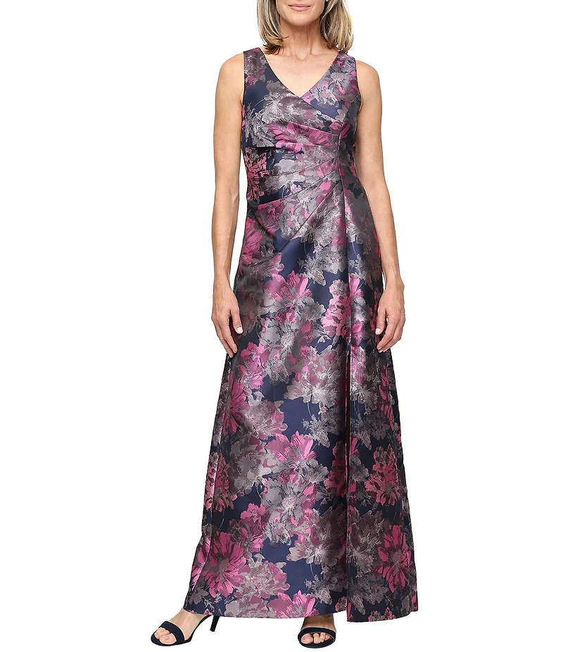 Ignite Evenings Surplice Neck Sleeveless Jacquard Long Dress