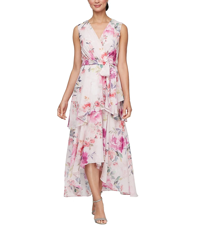 Ignite Evenings Surplice Neck Sleeveless Tiered Skirt Tie Tash Belt High Low Hemline Chiffon Maxi Dress