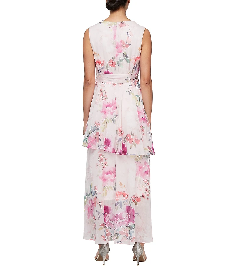 Ignite Evenings Surplice Neck Sleeveless Tiered Skirt Tie Tash Belt High Low Hemline Chiffon Maxi Dress
