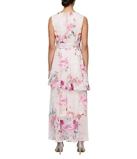 Ignite Evenings Surplice Neck Sleeveless Tiered Skirt Tie Tash Belt High Low Hemline Chiffon Maxi Dress