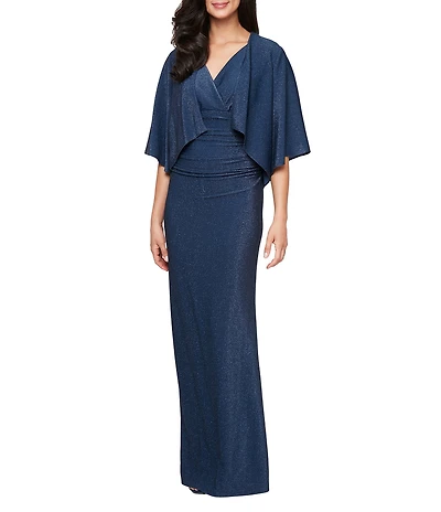 Ignite Evenings V-Neck Empire Waist Metallic Knit Jacket Dress