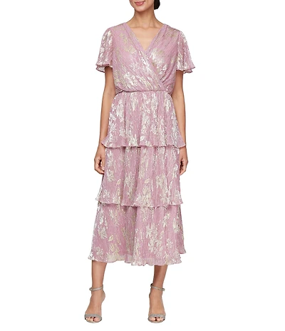 Ignite Evenings V-Neck Tiered Metallic Foil Midi Dress