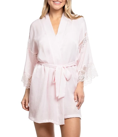 In Bloom By Jonquil 3/4 Sleeve Shawl Collar Solid Textured Satin & Lace Coordinating Short Robe