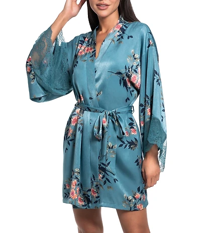 In Bloom by Jonquil Carlie Floral Print 3/4 Sleeve Satin Short Robe
