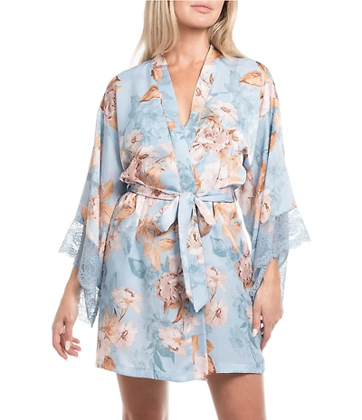 In Bloom By Jonquil Floral Print 3/4 Shawl collar Satin Short Robe