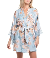 In Bloom By Jonquil Floral Print 3/4 Shawl collar Satin Short Robe