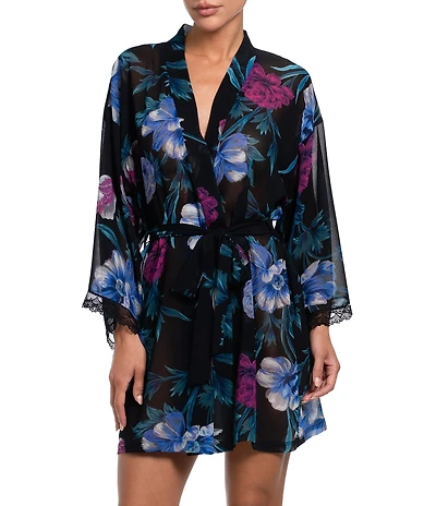 In Bloom By Jonquil Floral Print 3/4 Sleeve Chiffon Short Robe
