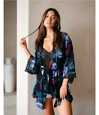 In Bloom By Jonquil Floral Print 3/4 Sleeve Chiffon Short Robe