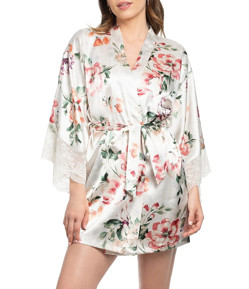 In Bloom By Jonquil Floral Print 3/4 Sleeve Satin Coordinating Short Wrap Robe
