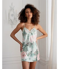 In Bloom By Jonquil Floral Print Satin Sleeveless V-Neck Chemise with Lace