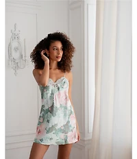 In Bloom By Jonquil Floral Print Satin Sleeveless V-Neck Chemise with Lace