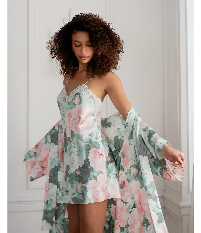 In Bloom By Jonquil Floral Print Satin Sleeveless V-Neck Chemise with Lace