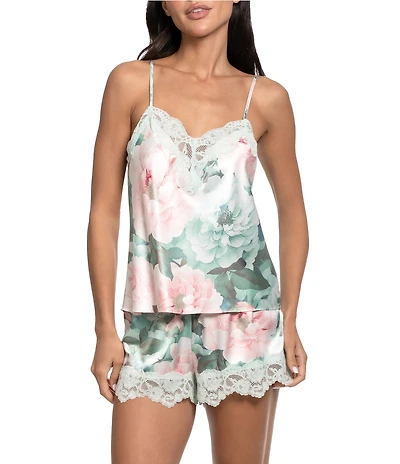 In Bloom By Jonquil Floral Print Sleeveless V-Neck Satin & Lace Cami & Shorty Pajama Set