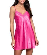 In Bloom By Jonquil Heart Print Satin Lace Trim V-Neck Sleeveless Coordinating Chemise