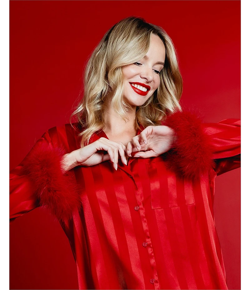 In Bloom By Jonquil Long Sleeve Notch Collar Feather Trimmed Shorty Pajama Set