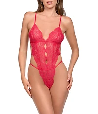 In Bloom by Jonquil One-piece Open-Back Floral Lace Teddy and Satin Robe with Feather Trim Set