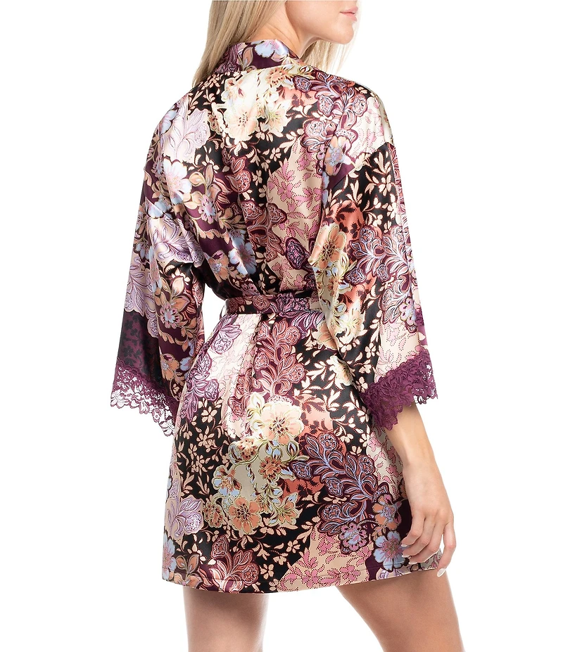 In Bloom By Jonquil Satin 3/4 Sleeve Satin Boho Paisley Coordinating Short Lingerie Robe
