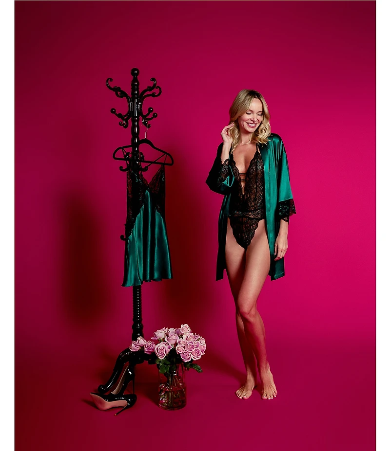 In Bloom By Jonquil Satin 3/4 Sleeve Shawl Collar Coordinating Short Robe